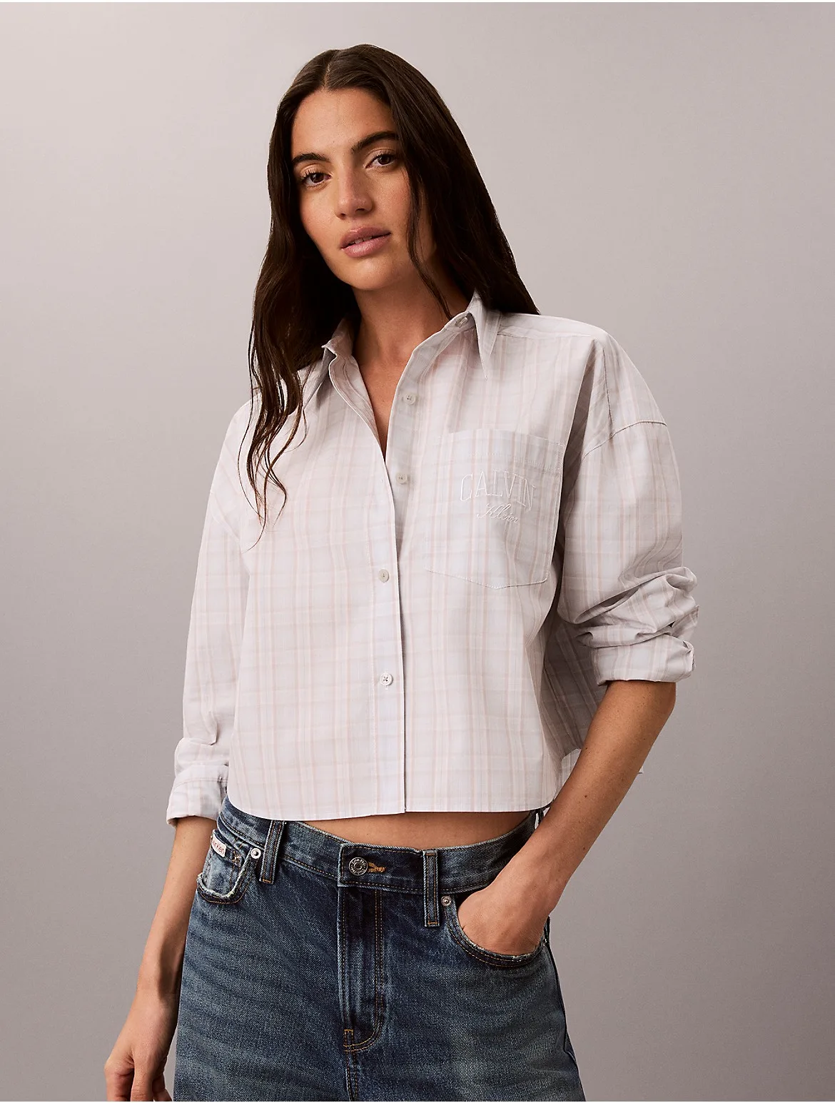Yarn-Dyed Cotton Poplin Cropped Shirt by Calvin Klein Jeans