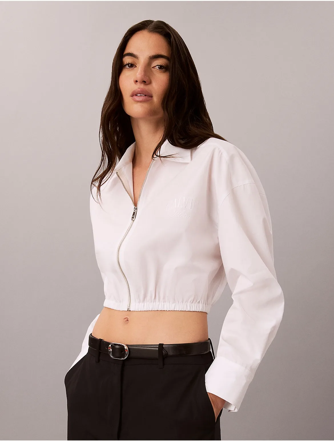 Cotton Poplin Cropped Zip Shirt by Calvin Klein Jeans