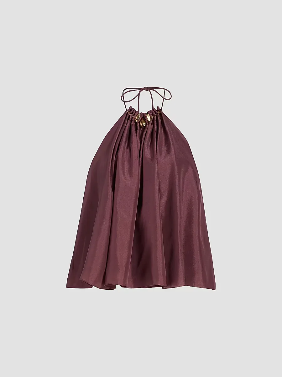 Aster Bead-Detail Gathered Silk Halter Top