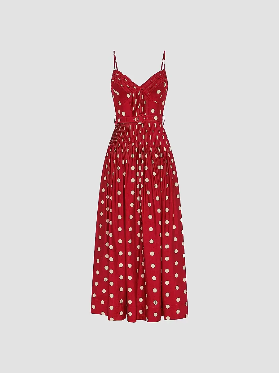 Mireille Belted Polka Dot Linen-Blend Midi-Dress by NICHOLAS