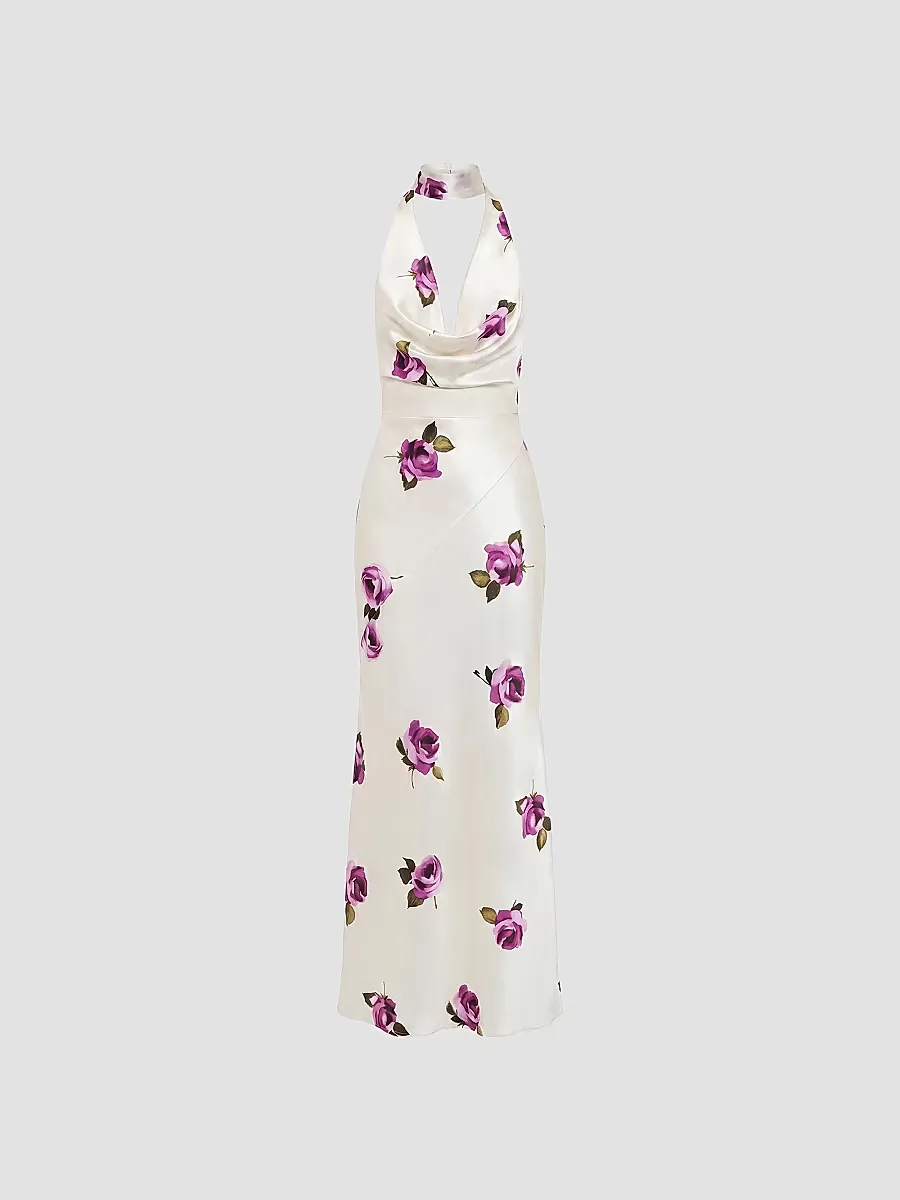 Lyria Rose-Print Halter Satin Gown by NICHOLAS