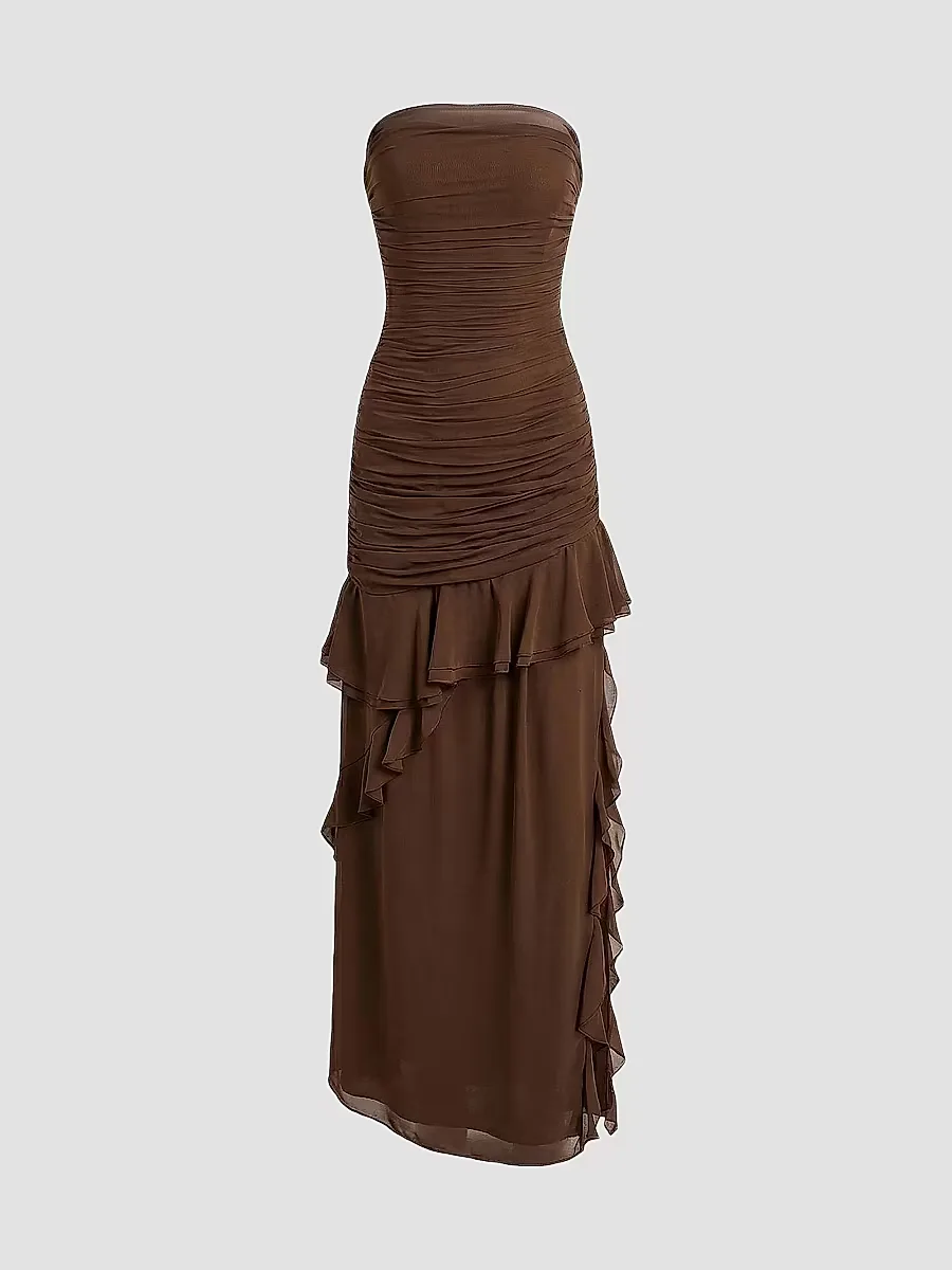 Viola Ruched Ruffle Strapless Maxi Dress