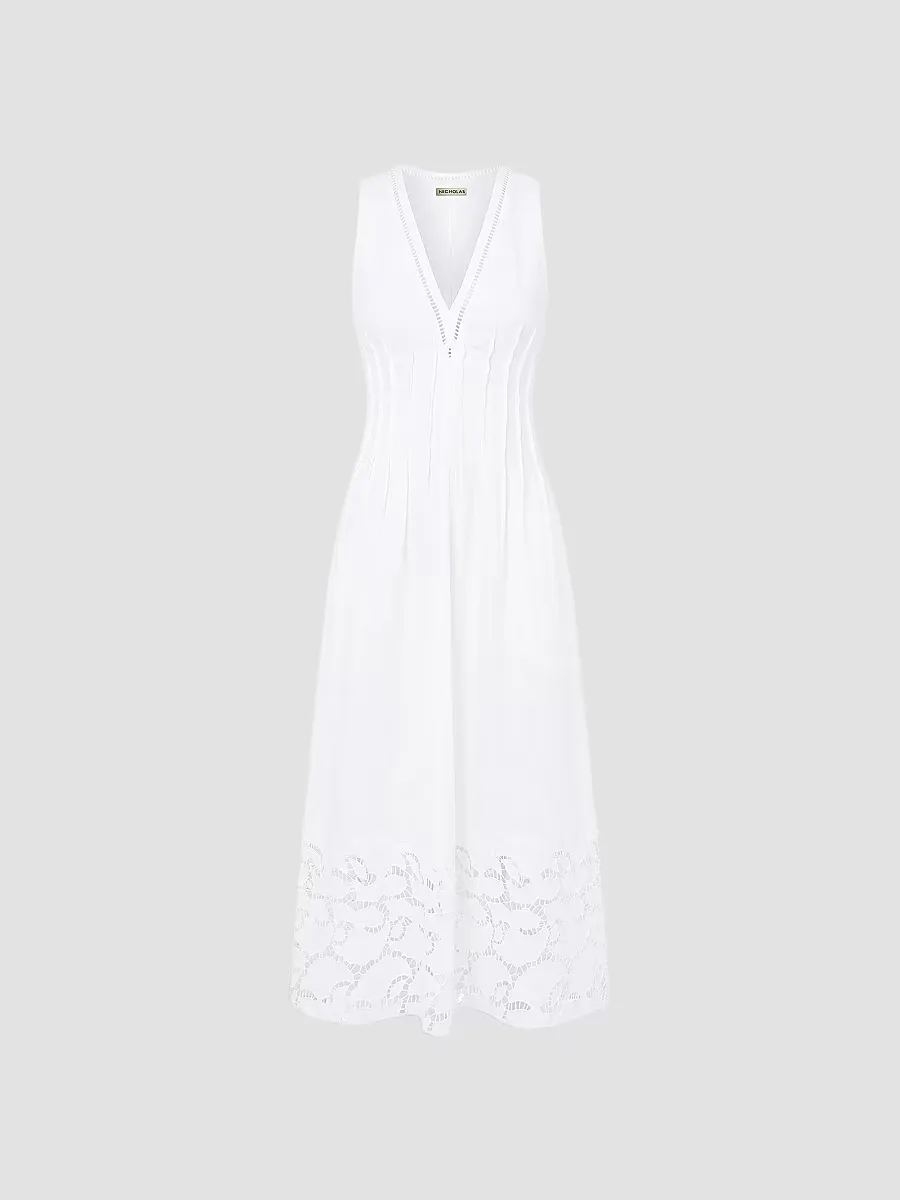 Stina Broderie Anglaise Trim Linen-Blend Midi-Dress