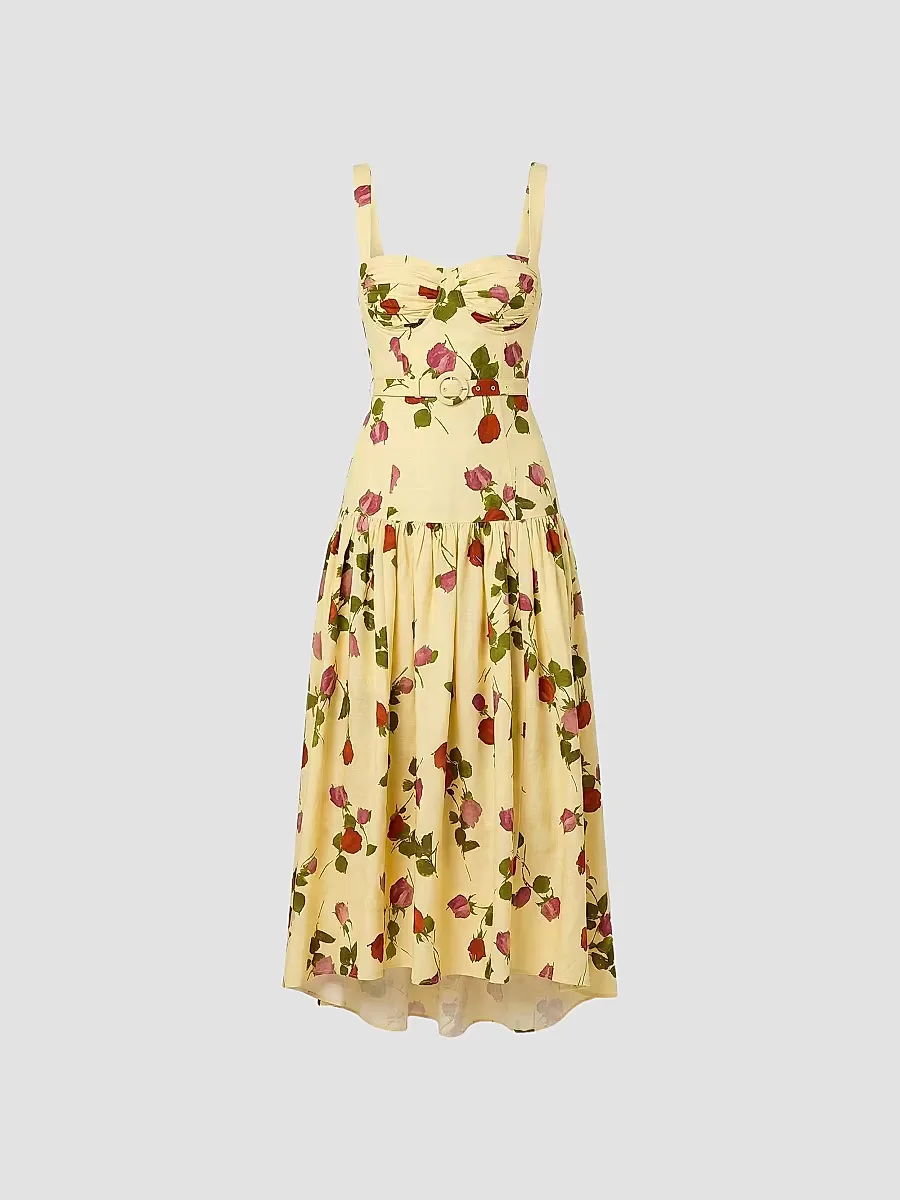 Drenica Floral Drop-Waist Linen-Blend Midi-Dress by NICHOLAS
