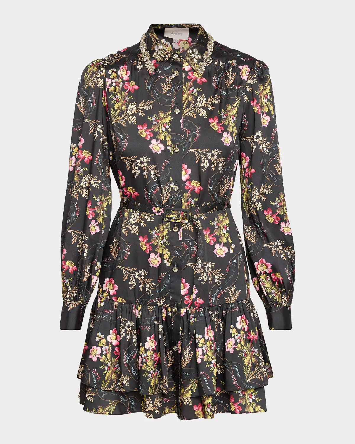 Love Letter Floral Belted Ruffle-Hem Mini Dress by Cinq à Sept