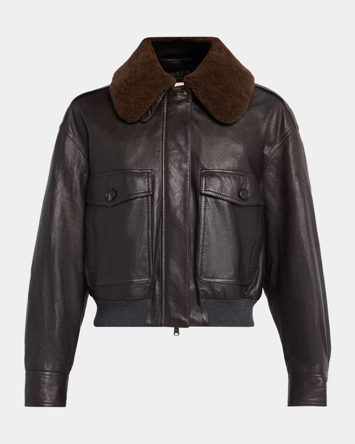 Waxed Leather Aviator Jacket with Lamb Shearling Collar