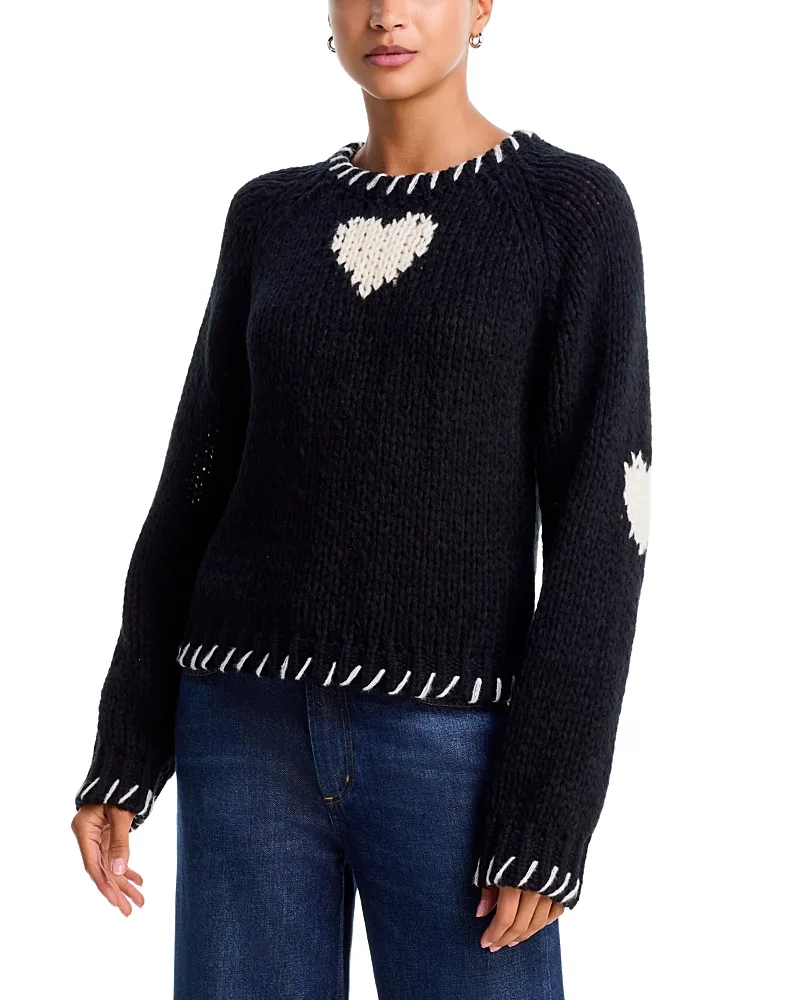 Whipstitched Heart Trim Crewneck Sweater by Aqua