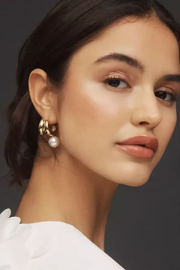Farrah Pearl Drop Double Hoop Earrings