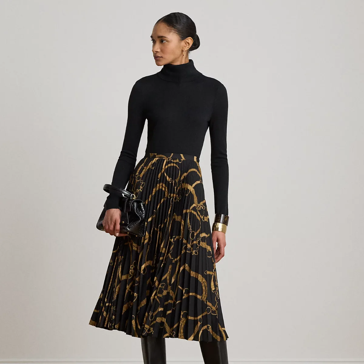 Belting-Print Pleated Crepe Skirt by Lauren Ralph Lauren