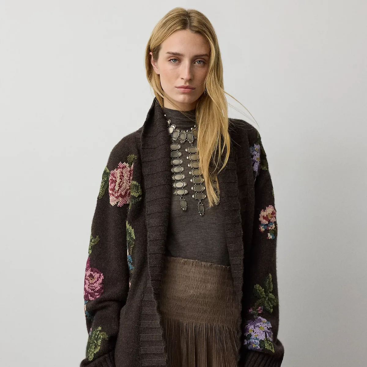 Floral Cashmere Shawl-Collar Cardigan by Ralph Lauren Collection