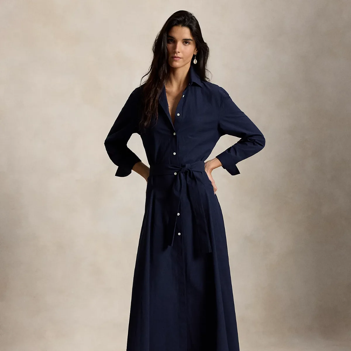 Cotton Canvas Tie-Waist Shirt Dress