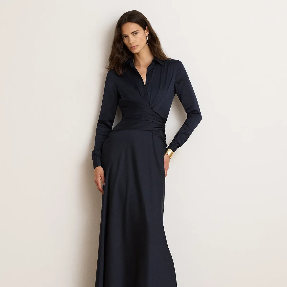 Pleated Button-Up Charmeuse Gown by Lauren Ralph Lauren