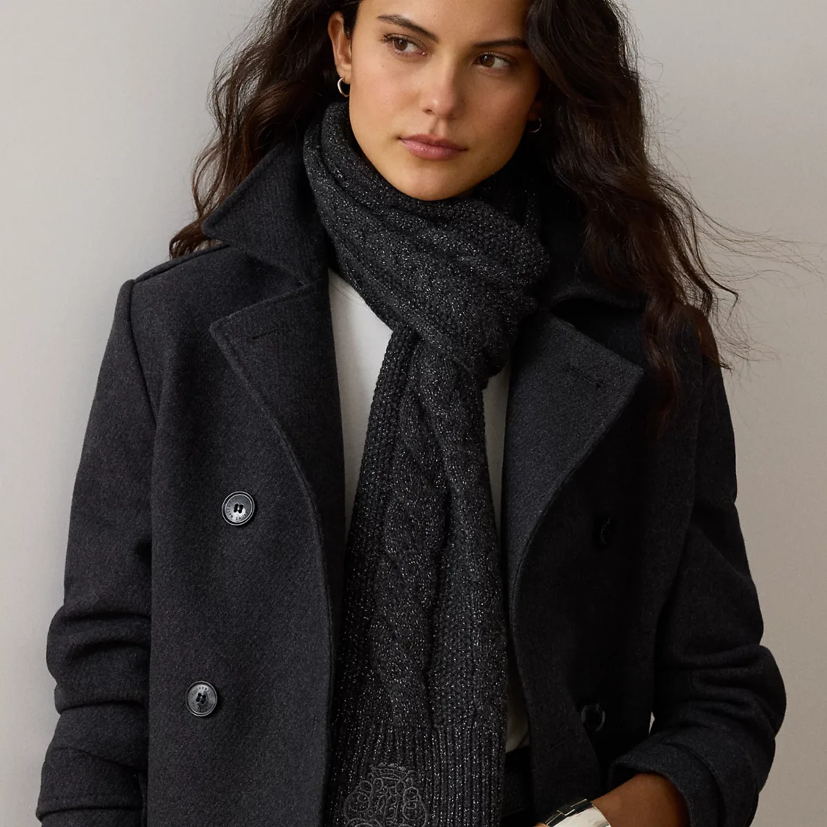 Embroidered-Crest Metallic Cable Scarf by Lauren Ralph Lauren