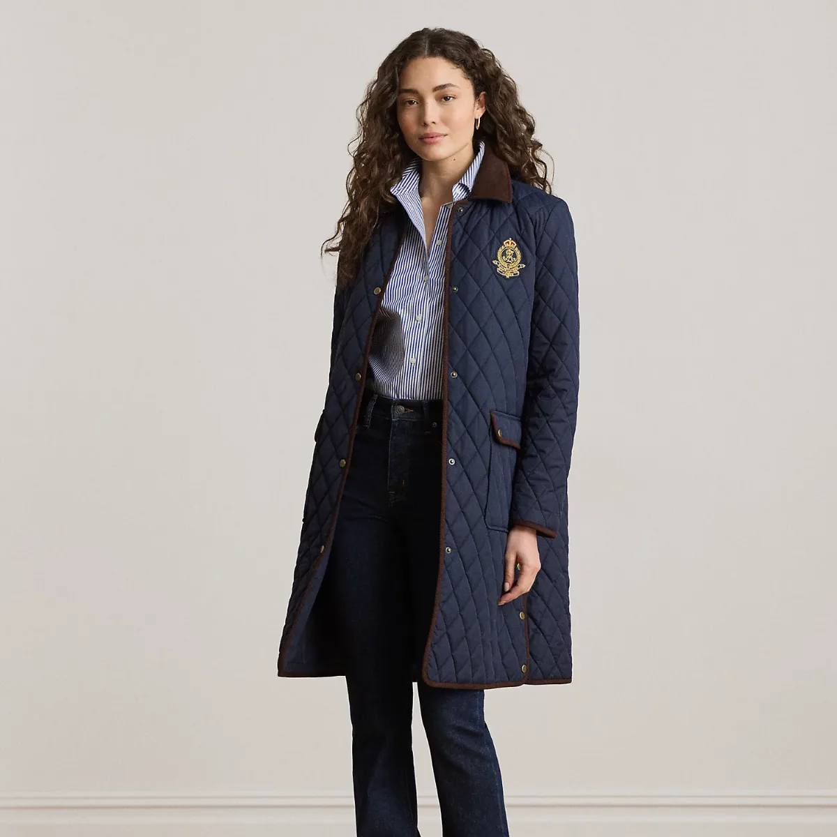 Crest-Patch Corduroy-Trim Quilted Jacket by Lauren Ralph Lauren