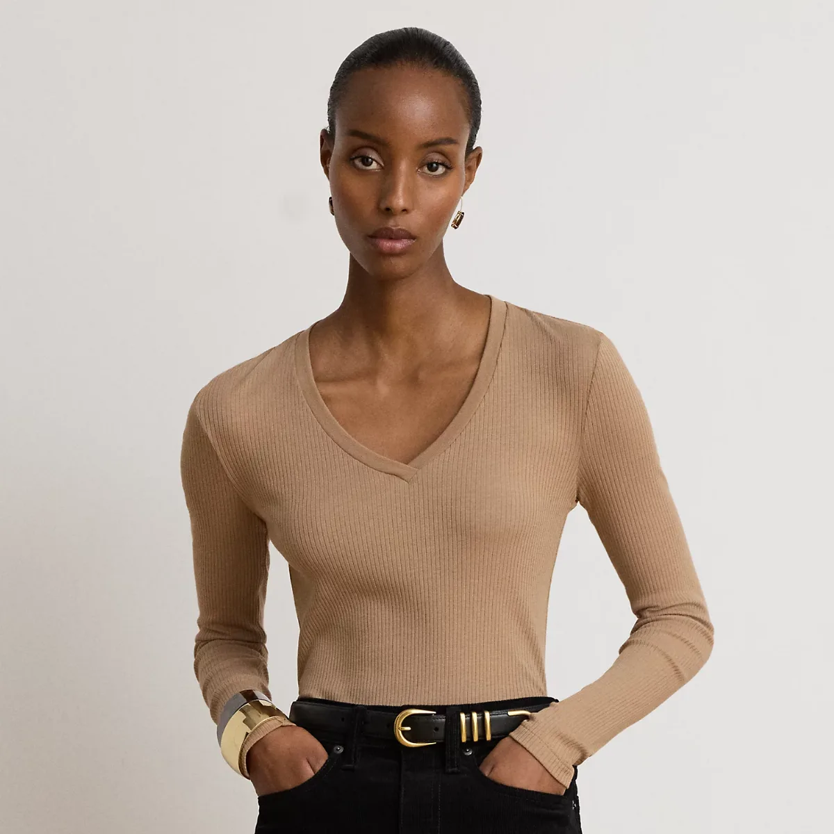 Rib-Knit Long-Sleeve V-Neck Top by Ralph Lauren Petite