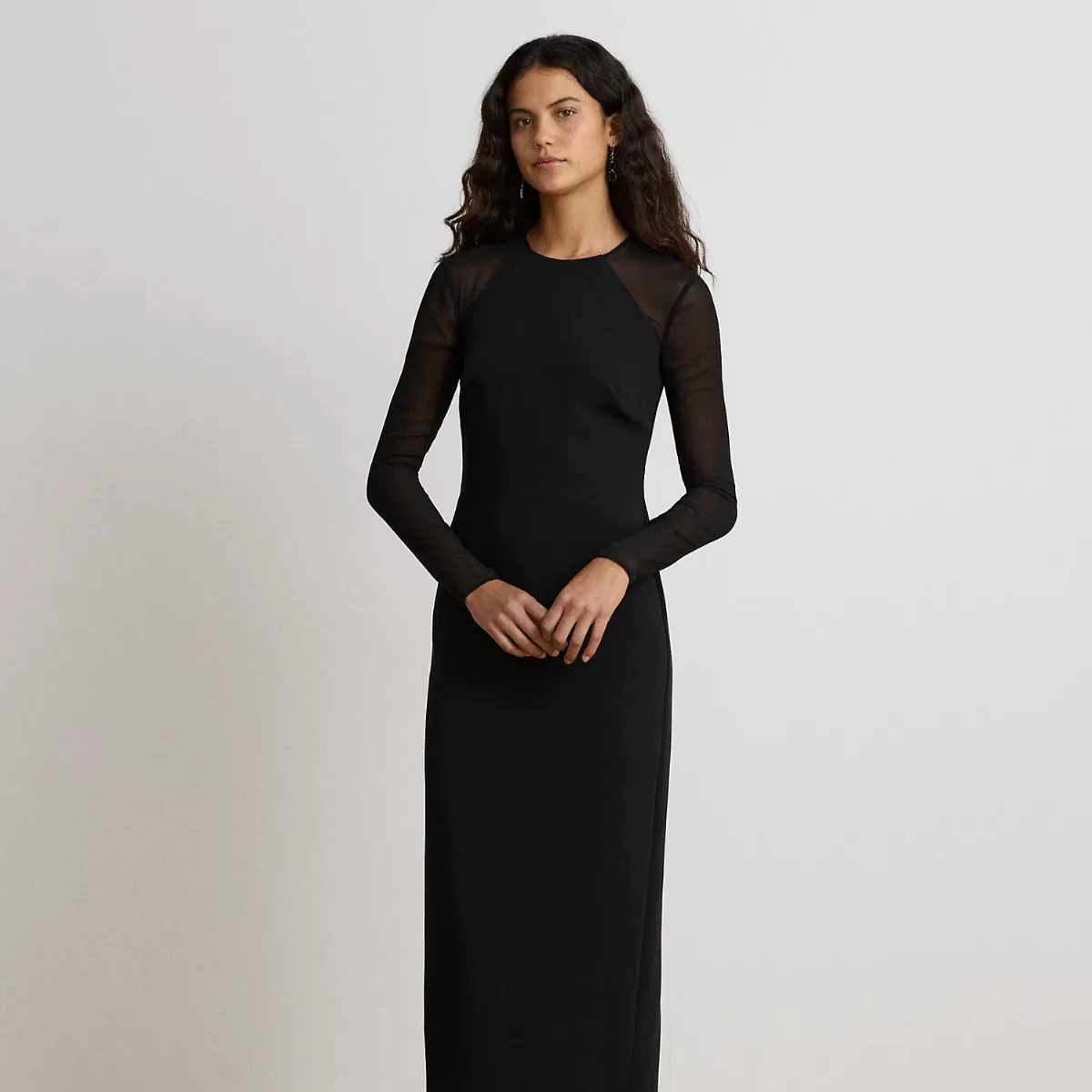 Georgette-Trim Crepe Long-Sleeve Gown