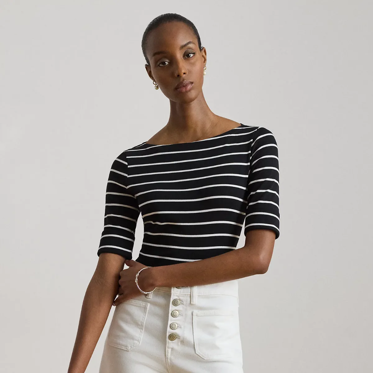 Striped Stretch Cotton Boatneck T-Shirt by Ralph Lauren Petite