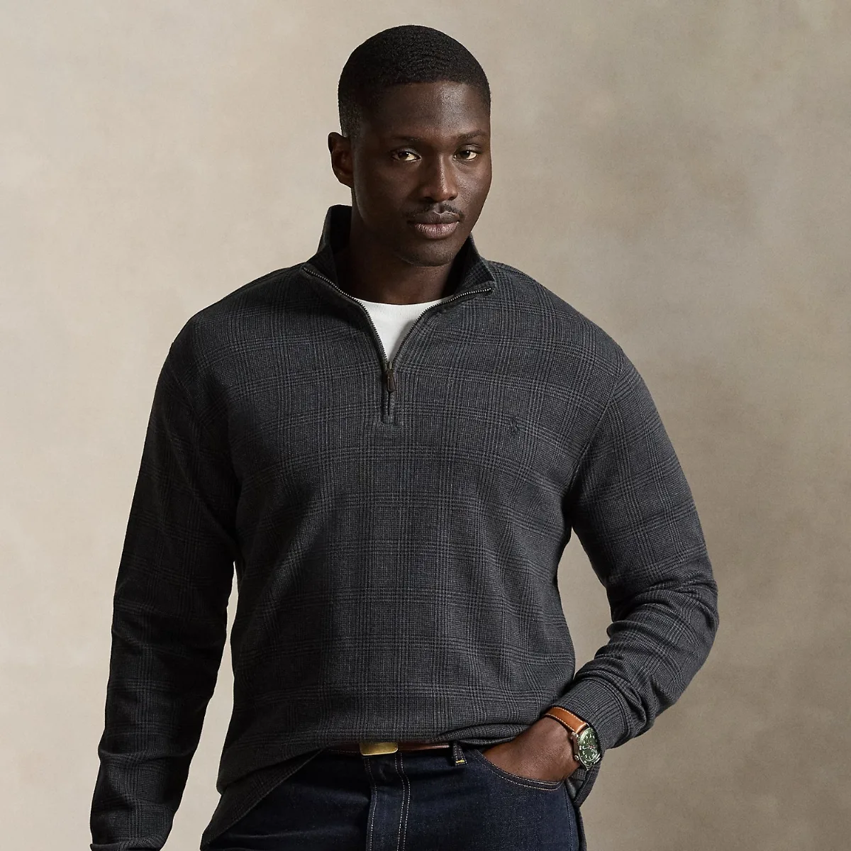 Plaid Estate-Rib Quarter-Zip Pullover by Ralph Lauren Big & Tall