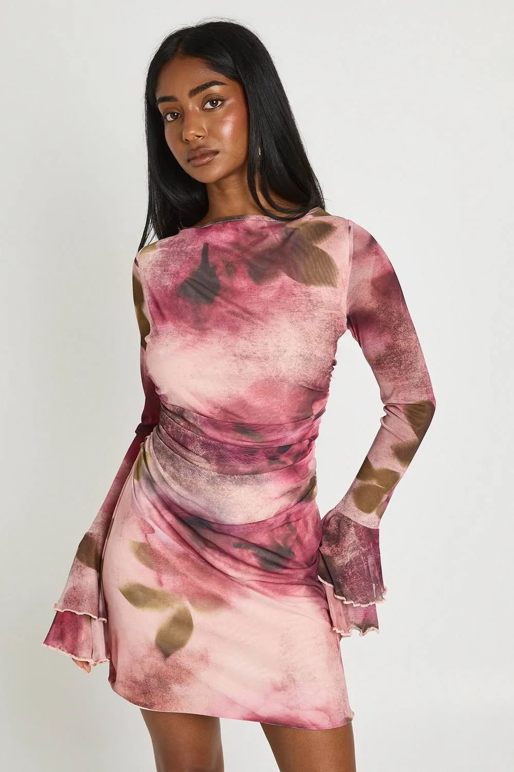 Mesh Blurred Floral Flared Sleeve Mini Dress by boohoo