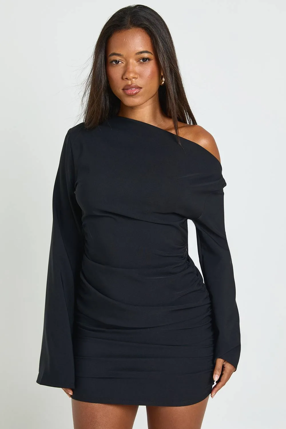 Flared Sleeve Off-The Shoulder Ruched Mini Dress - Knitted