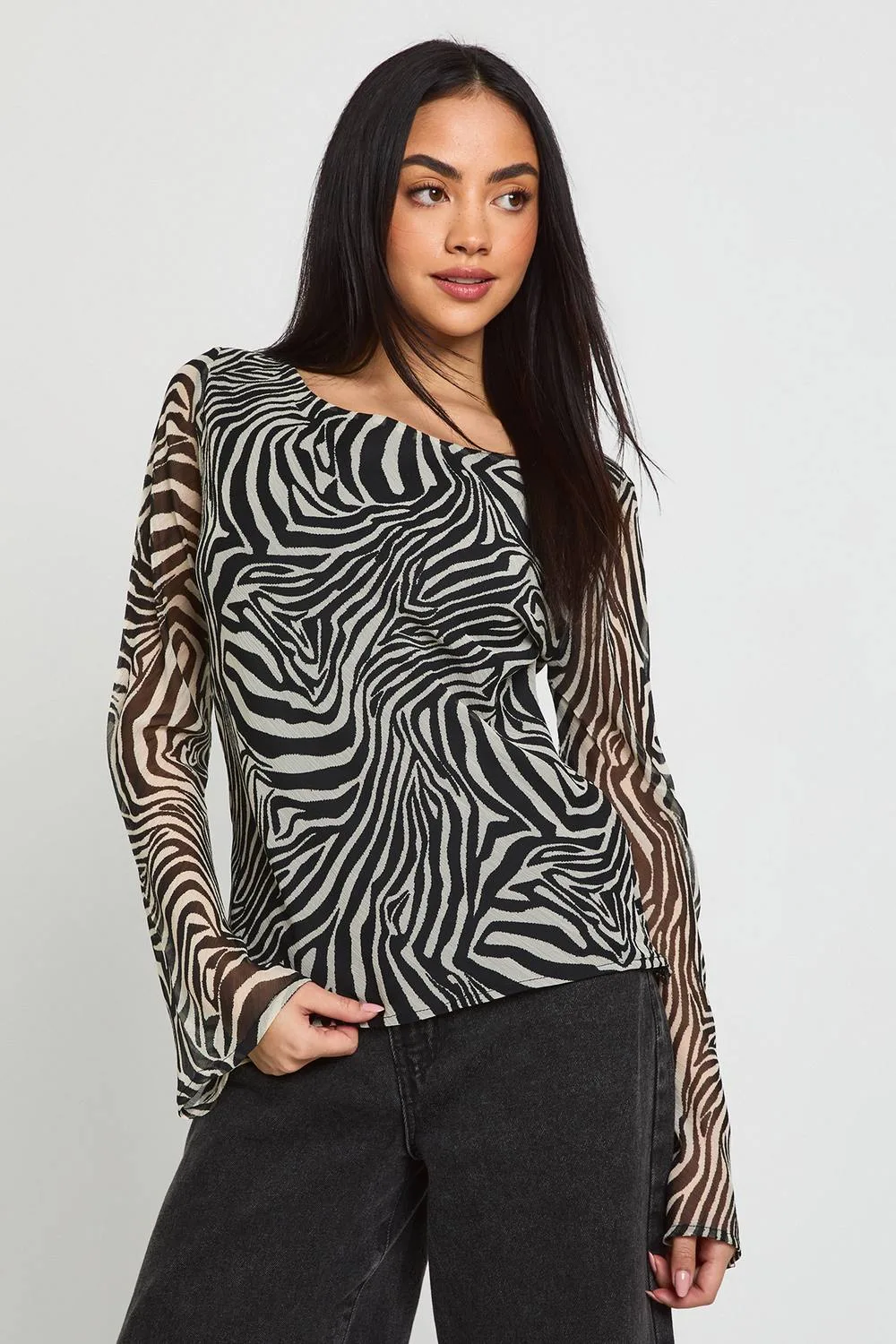 Zebra Print Chiffon Flare Sleeve Top by boohoo