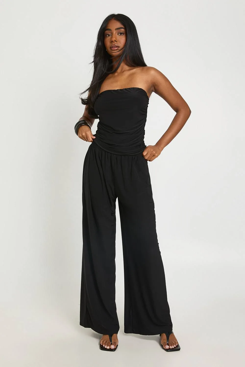 Ruched Bandeau & Wide Leg Trouser Co Ord - Polyurethane by boohoo