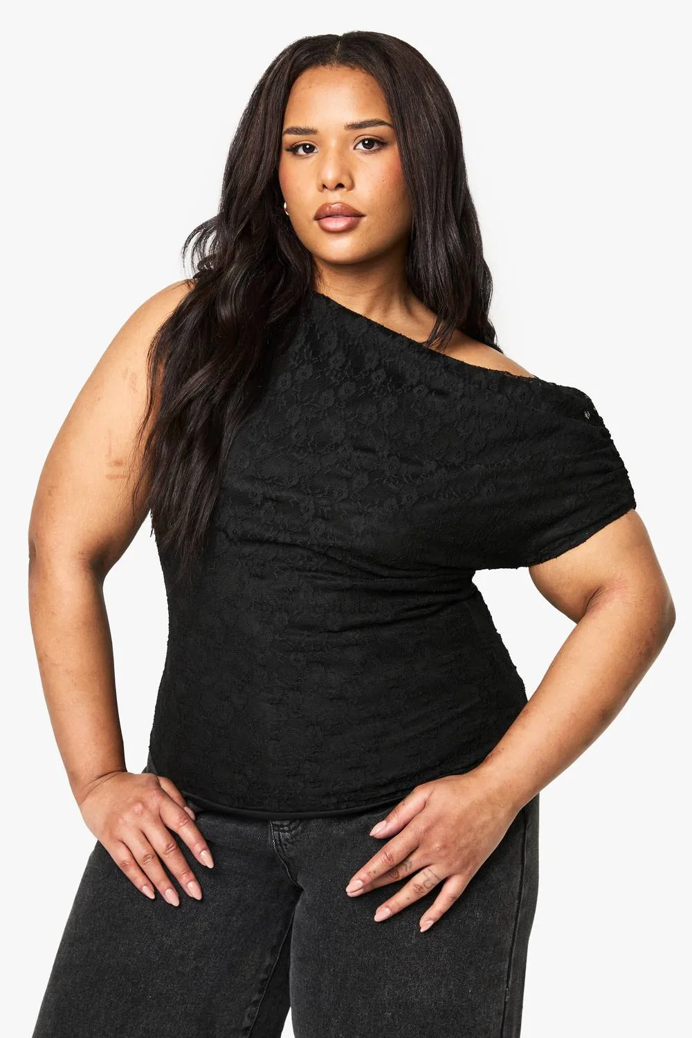 Asymmetric Neckline Lace Top - Knitted by boohoo