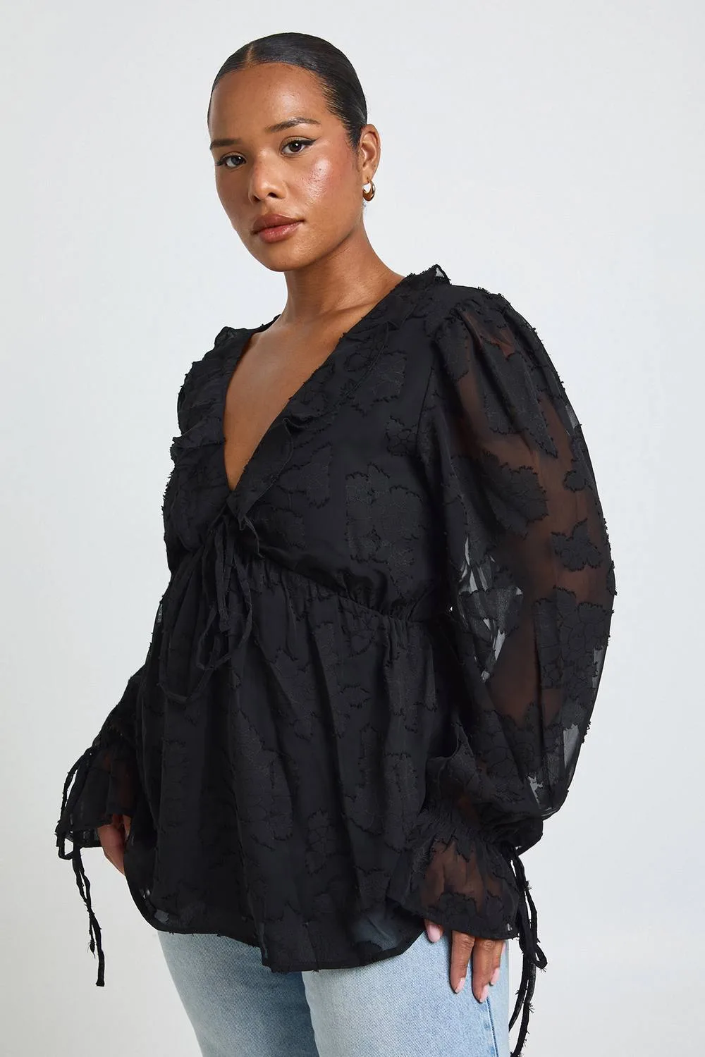 Burnout Chiffon Ruffle Smock Top - Denim/Chiffon/Polyurethane by boohoo