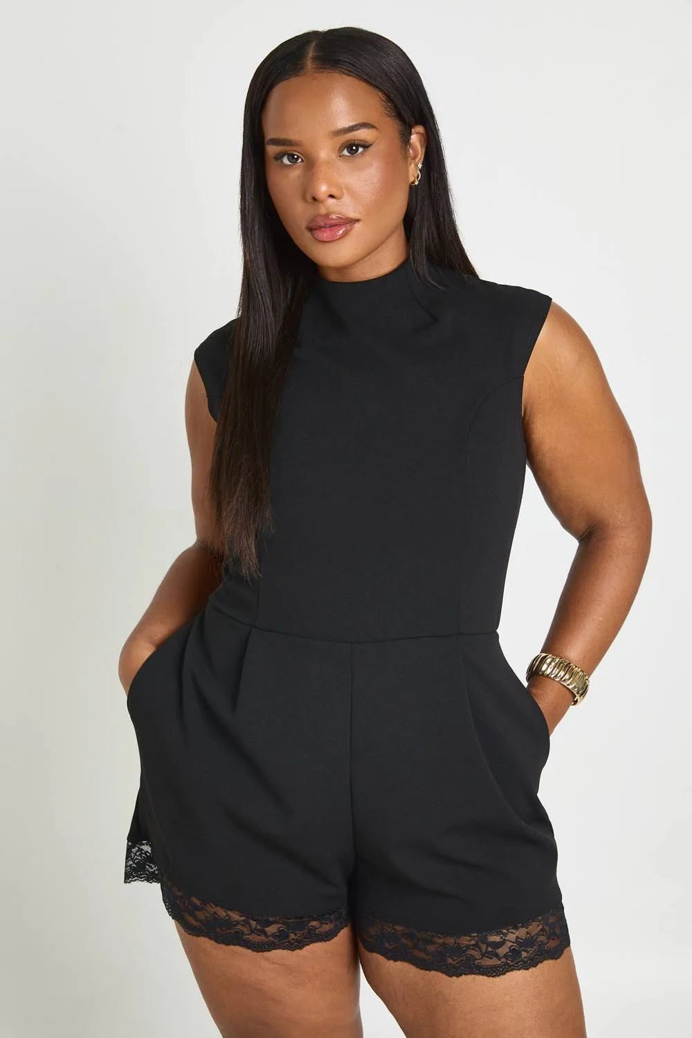 High Neck Lace Trim Tailored Playsuit