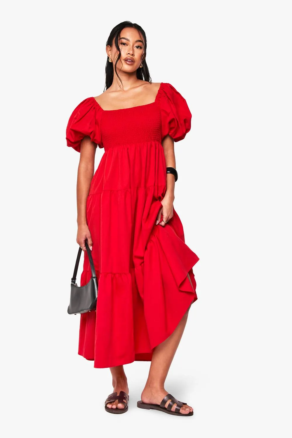 Tiered Shirred Midaxi Smock Dress - Polyurethane by boohoo