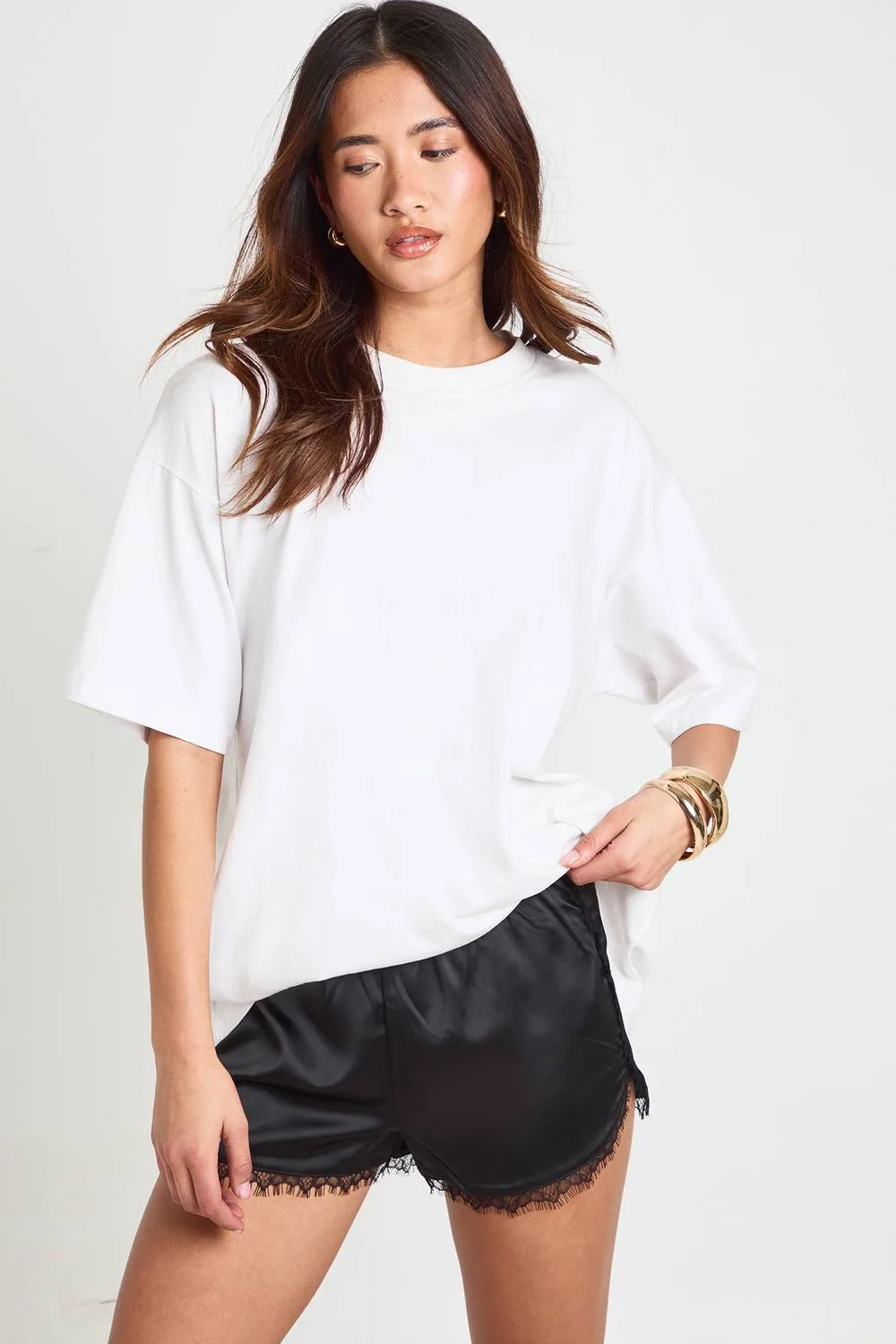 Lace Trim Runner Short - Satin by boohoo