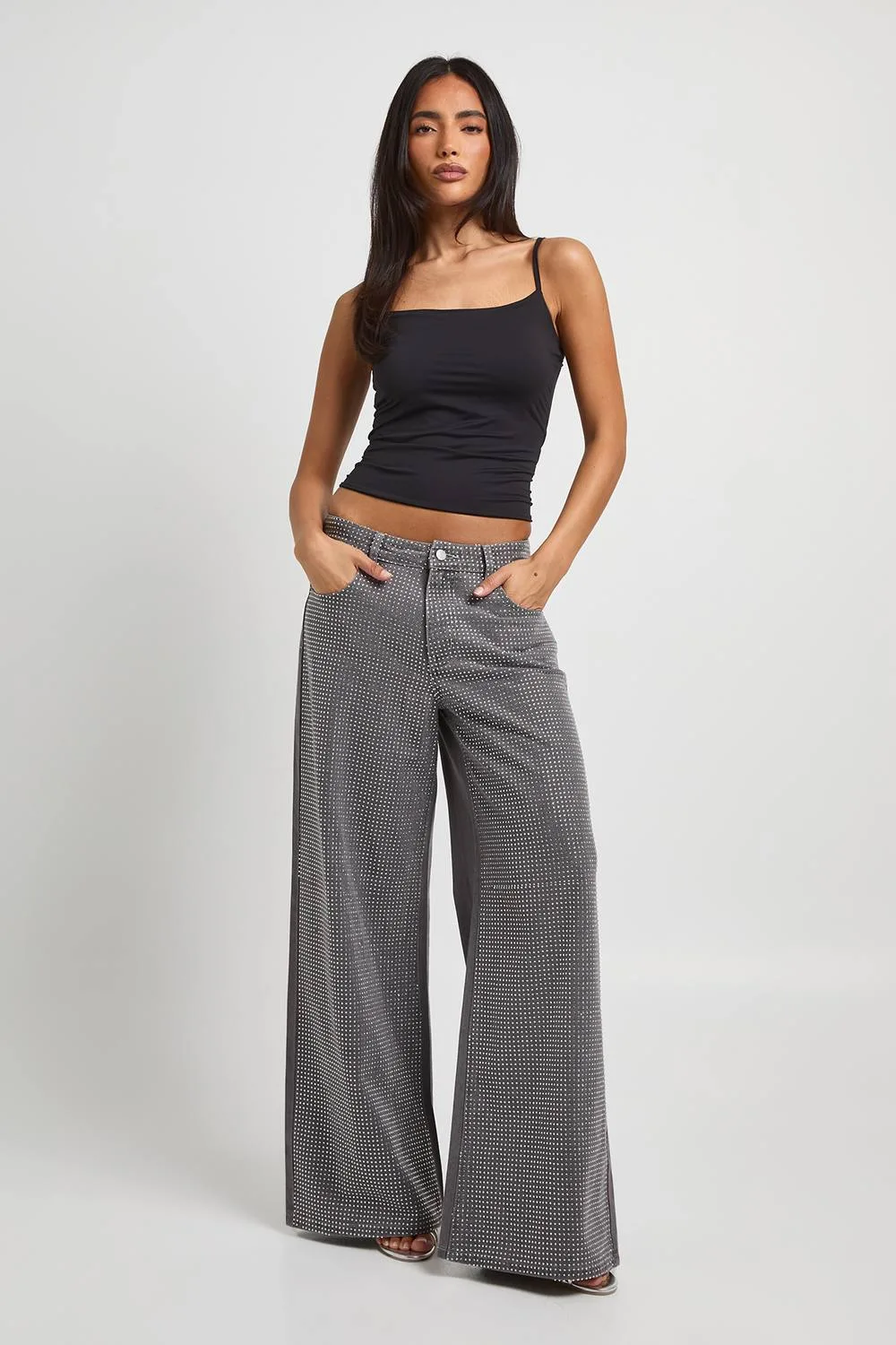 Embellished High Waist Wide Leg Jean - Denim