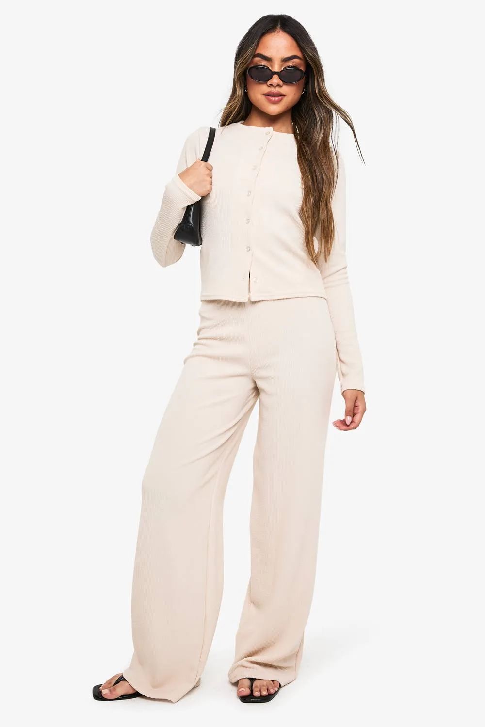 Rib Button Through Long Sleeve Top & Wide Leg Trouser Co-Ord - Knitted by boohoo