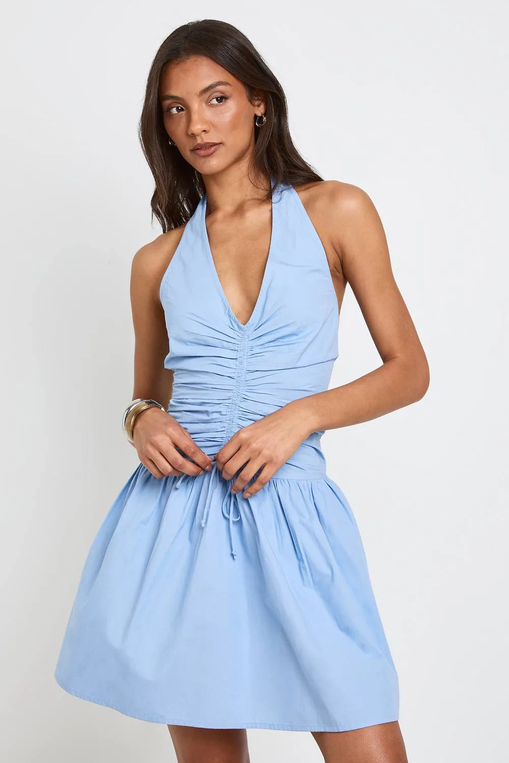 Cotton Poplin Halterneck Front Gathered Seam Skater Mini Dress - Cotton/Polyurethane by boohoo