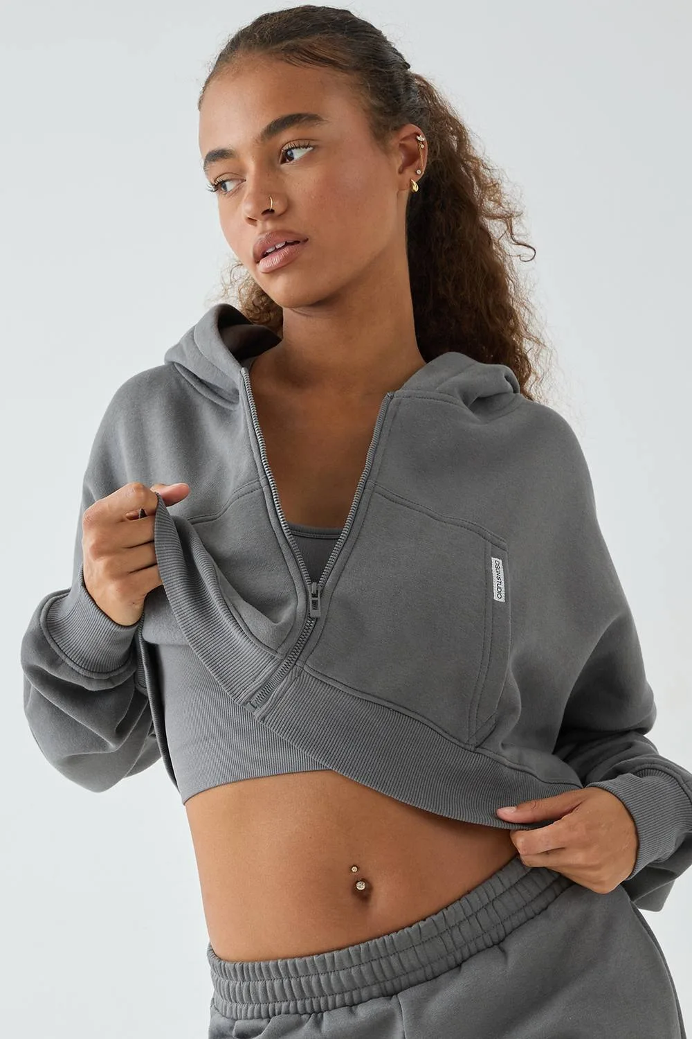 Boxy Crop Zip Through Cotton Hoodie
