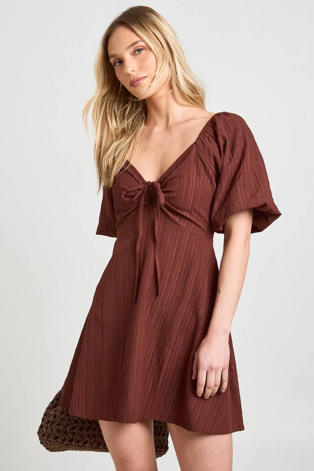 Textured Volume Sleeve Mini Dress - Denim/Woven by boohoo