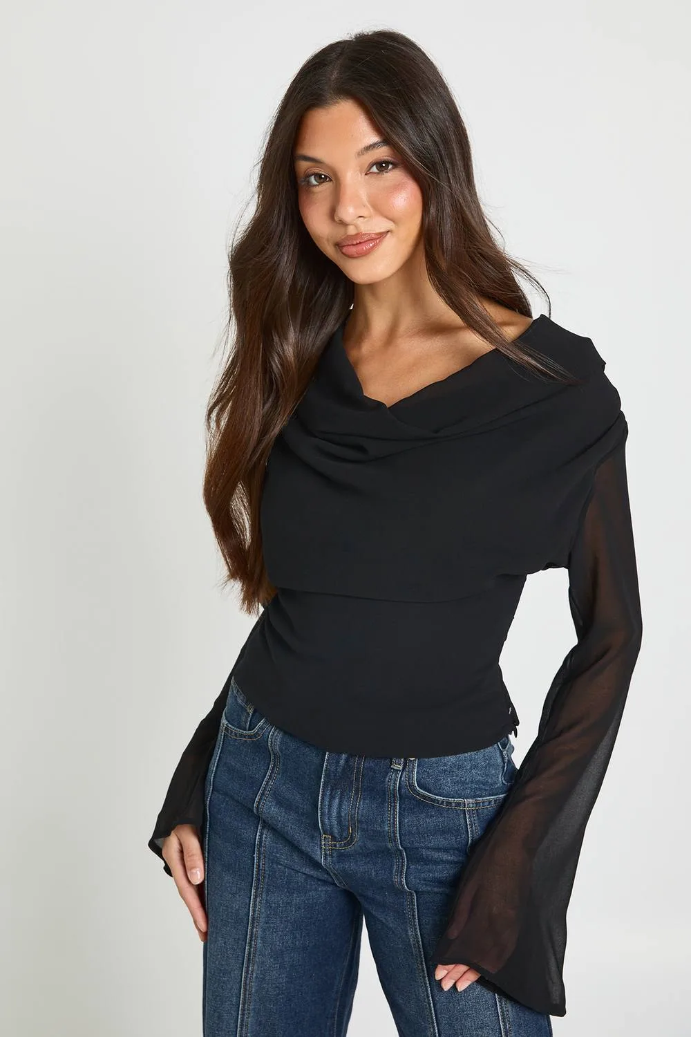 Cowl Fitted Chiffon Blouse - Denim/Chiffon/Woven by boohoo