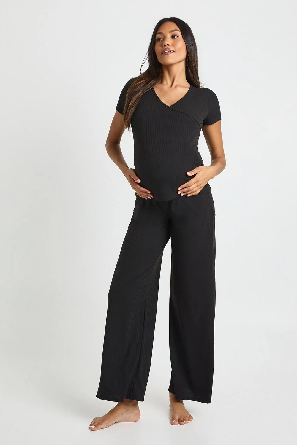 Maternity Soft Rib Wrap Top & Trouser Lounge Set - Knitted by boohoo
