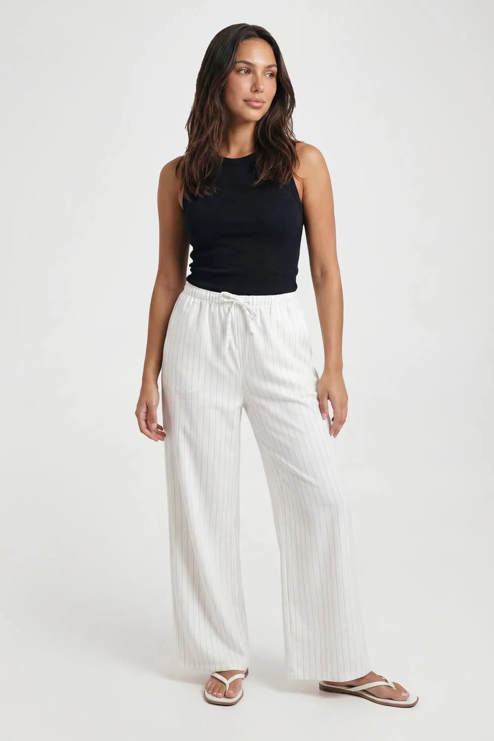 Drawstring Stripe Wide Leg Trousers - Linen/Polyurethane by boohoo
