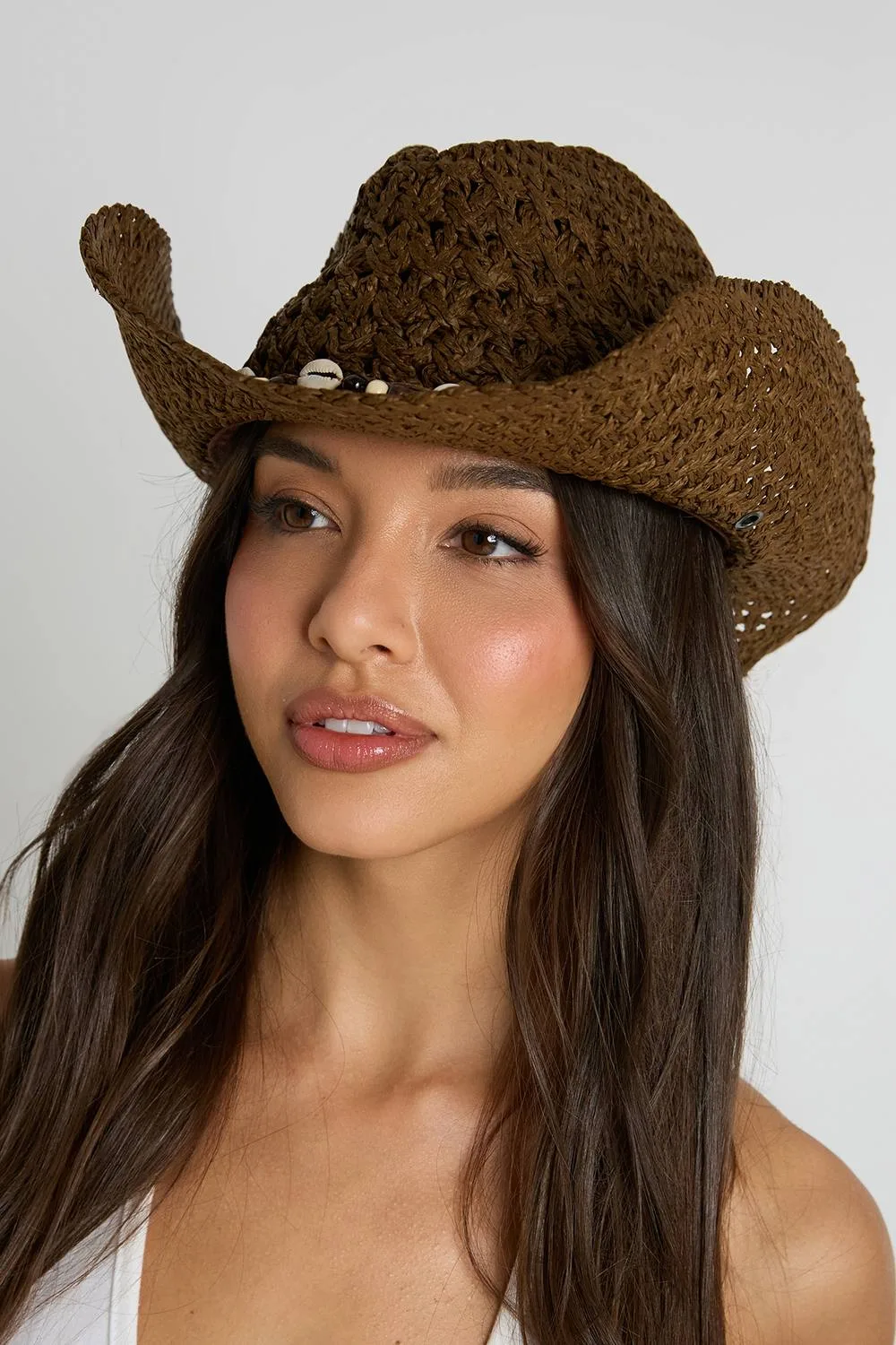 Shell Detail Straw Western Cowboy Hat - Denim/Woven by boohoo