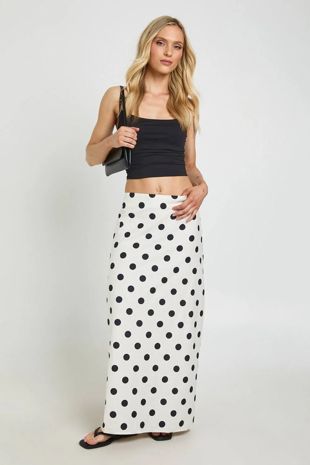 Polka Linen Look Low Rise Maxi Skirt - Denim/Linen by boohoo