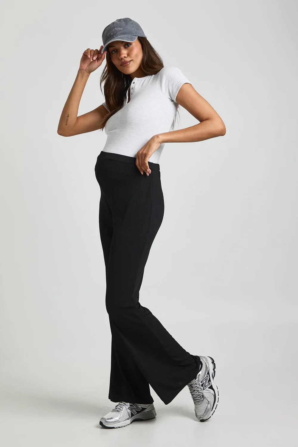 Maternity Basic Ribbed High Waisted Flare Trousers - Denim by boohoo