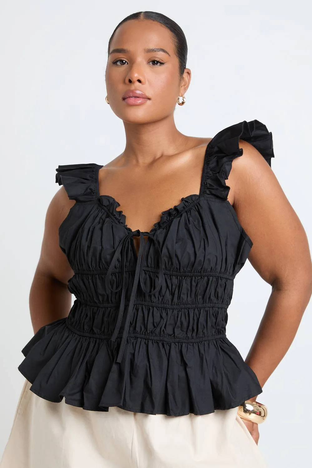Frill Sleeve Shirred Tie Top - Cotton/Polyurethane by boohoo