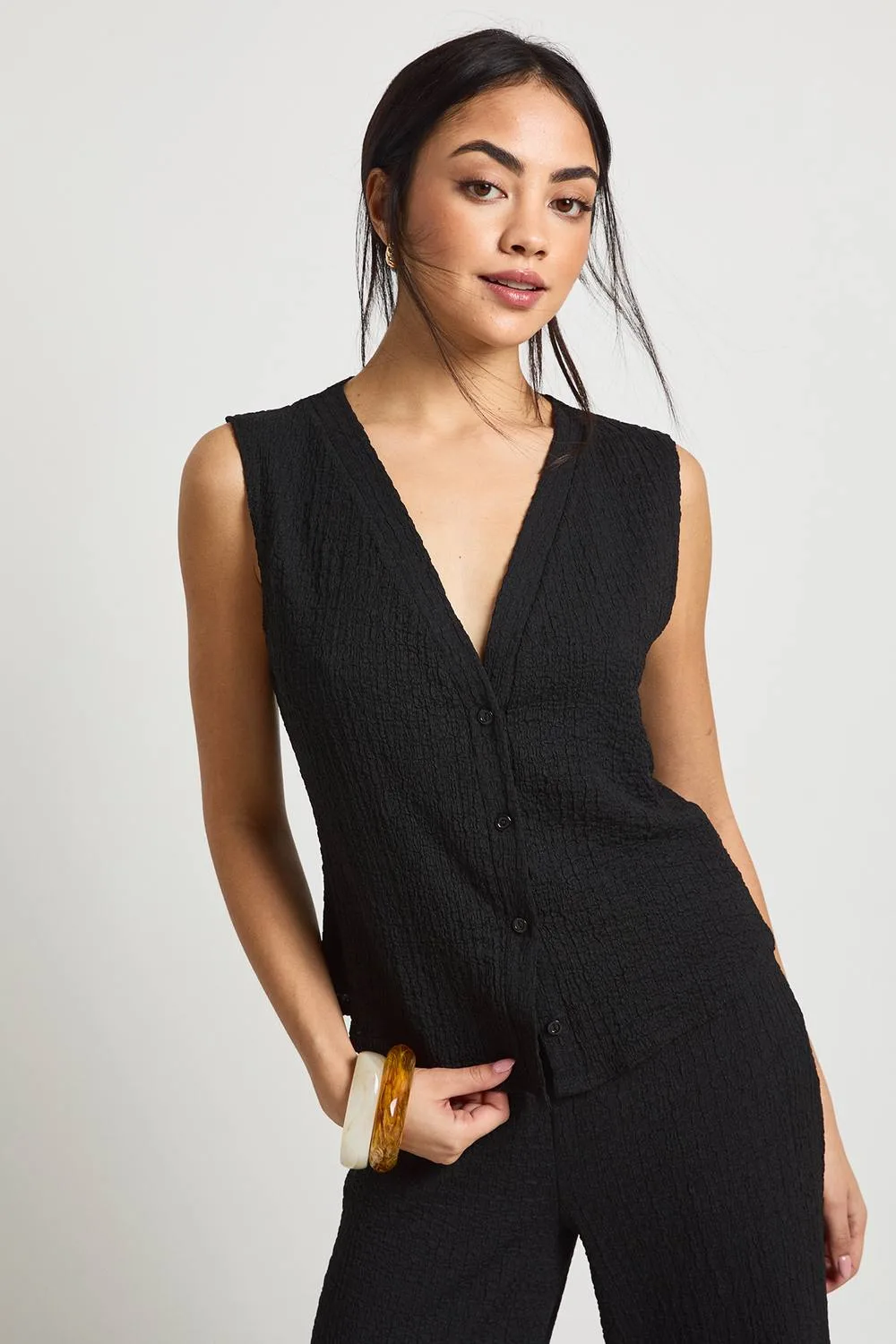 Textured Button Through Sleeveless Top - Denim by boohoo