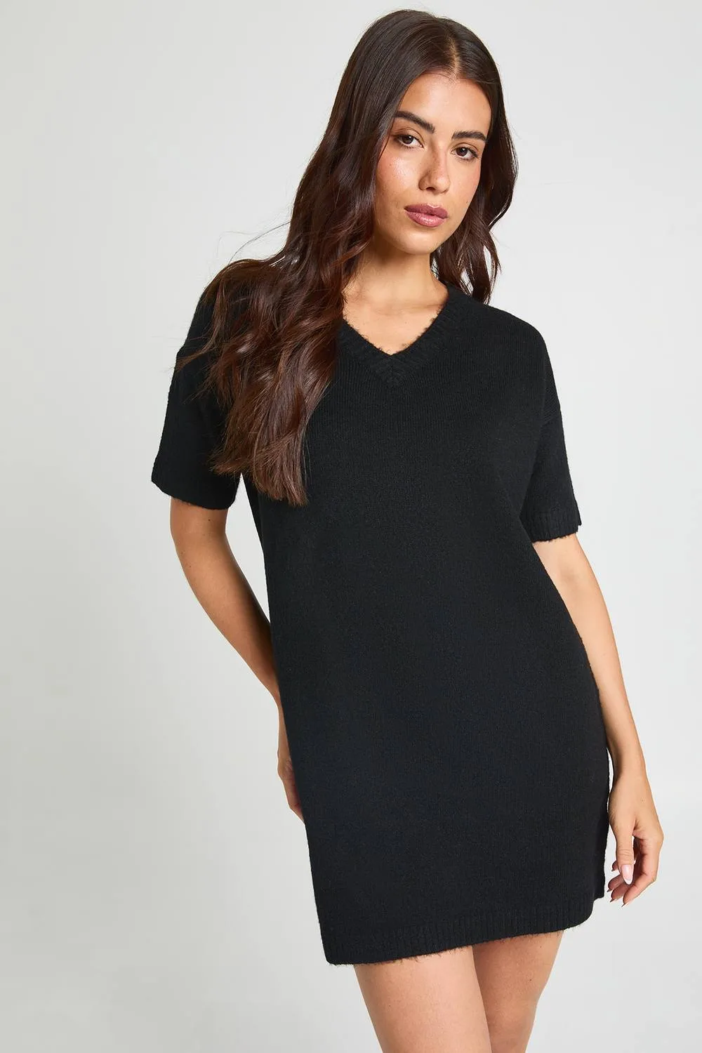 V Neck Short Sleeve Knitted Mini Dress
