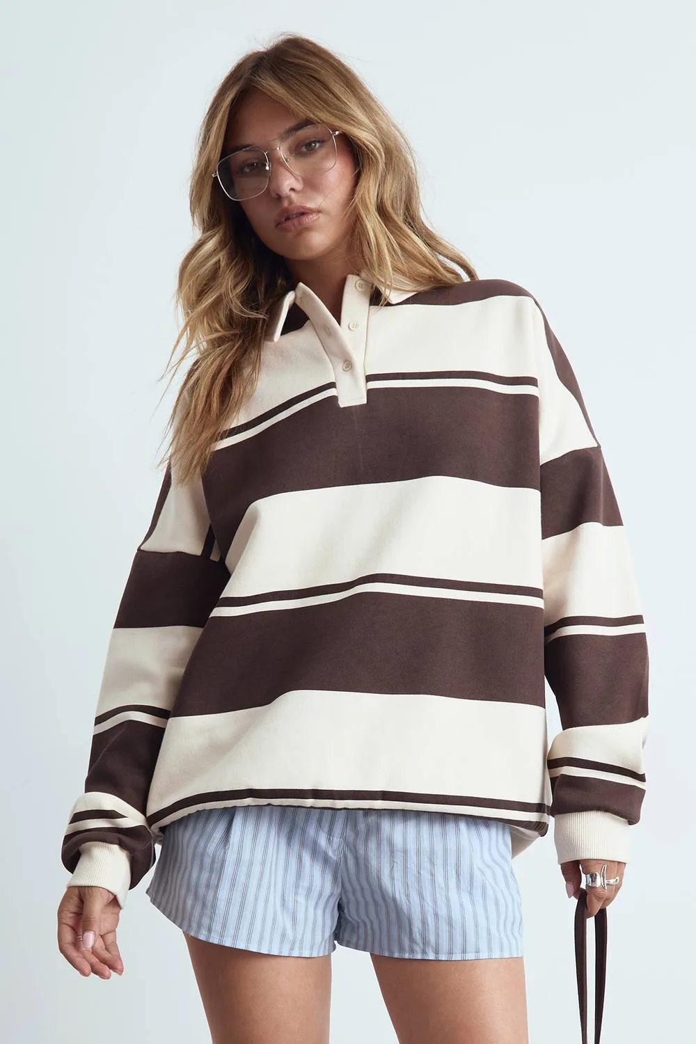 Stripe Rugby Sweatshirt - Denim/Cotton by boohoo