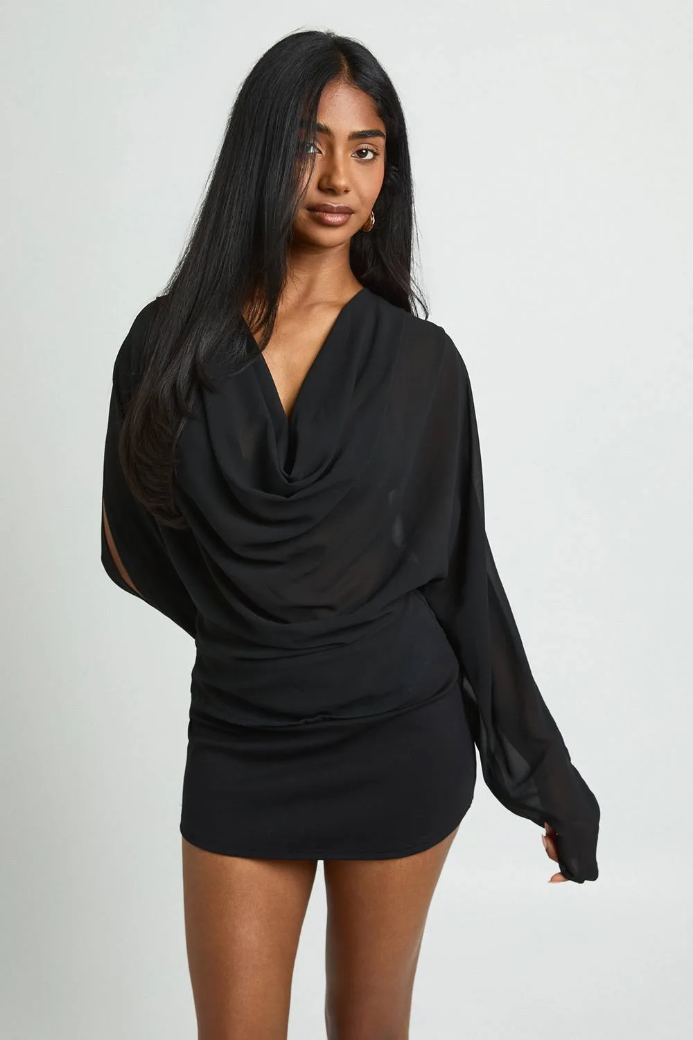 Sheer Cowl Front Split Sleeve Blouse - Polyurethane by boohoo