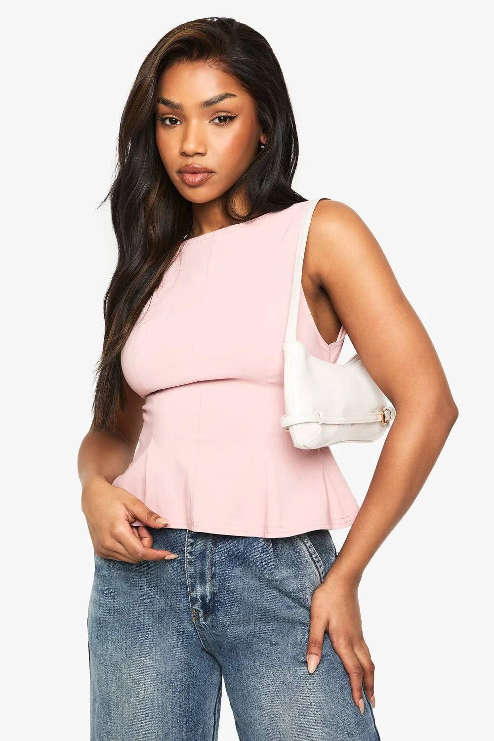 Bengaline Tied Open Back Peplum Top - Denim by boohoo