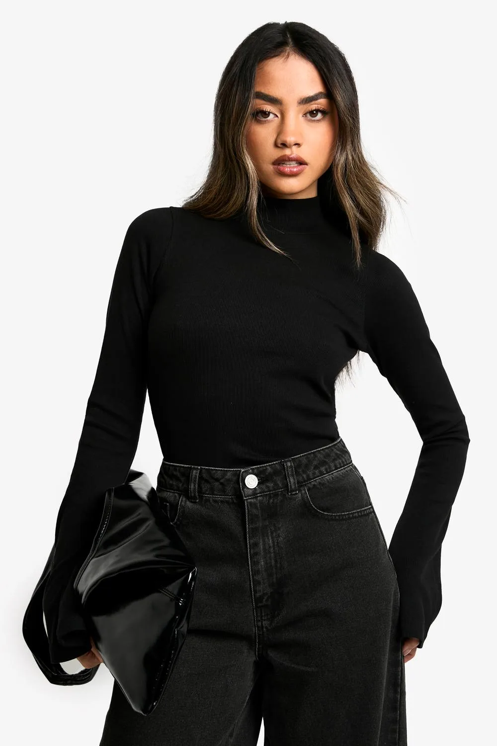 Flared Sleeve Rib High Neck Top - Knitted by boohoo
