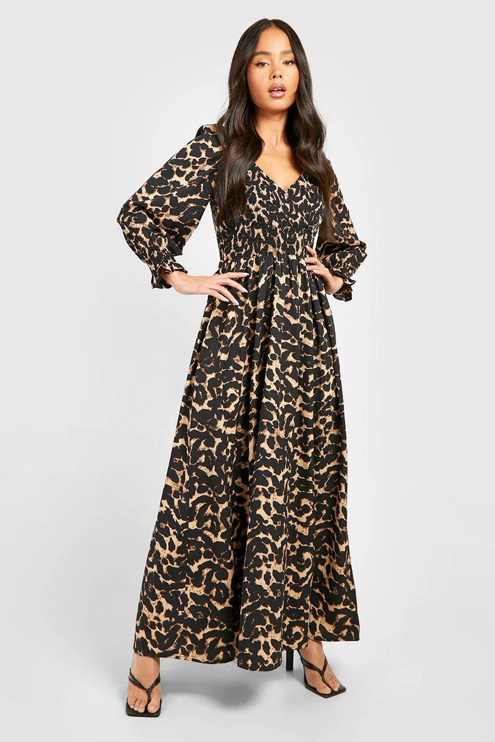 Leopard Shirred Detail Maxi Dress - Denim by boohoo